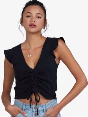Roxy | Flirty Vibe | Black | Ruched | V-Neck| Crop Top | Ruffle Sleeves | Size M